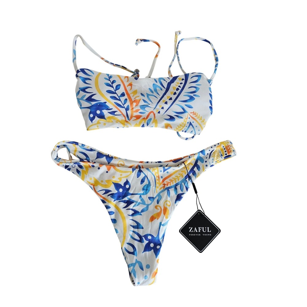 Zaful Ribbed Foliage Print Bikini Set Blue Yellow White High Cut NWT Tag Sz US 8